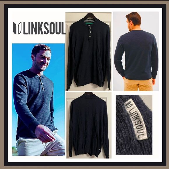 Linksoul Button Henley Cashmere Kissed Sweater with Pockets in Navy Blue Size M - Picture 1 of 12